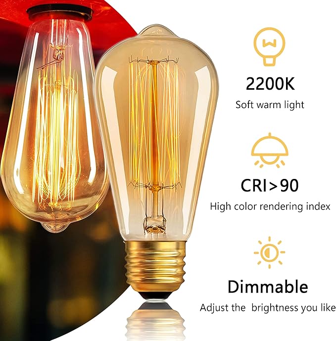 ST64 Edison Bulbs 6 Pack,Amber Vintage Incandescent Light Bulbs 110V 40W 240LM,E26 Base 2200K Dimmable Decorative Antique Squirrel Cage Filament Incandescent Bulb for Chandelier Pendant Lamps