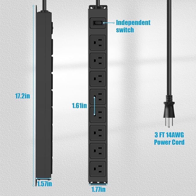 HHSOET Magnetic Mount Power Strip, 8 Outlet Mountable Socket, Metal Heavy Duty Surge Protector, Gaming Table Outlet, Easy to Fix Without Drilling or Taping, 3FT Extension Cord.(Black)