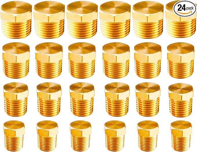 WHK 24 PCS Brass Hex Pipe Plug Fittings Kits,Brass Plugs Fitting Assortment 1/8" 1/4" 3/8" 1/2" NTP Brass Plug Male Threaded