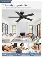 42 Inch Flush Mount Ceiling Fans without Lights, Small Black Ceiling Fan with Remote, 6-Speeds, Quiet Reversible DC Motor, Indoor/Outdoor Ceiling Fan for Patio, Living Room, Bedroom