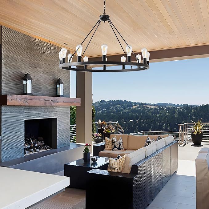 40” Farmhouse Wagon Wheel Chandelier,Black Rustic Chandelier 12-Lights Round Dining Room Light with Adjustable Height,Industrial Ceiling Light Fixtures for Kitchen,Foyer,Porch,Living Room