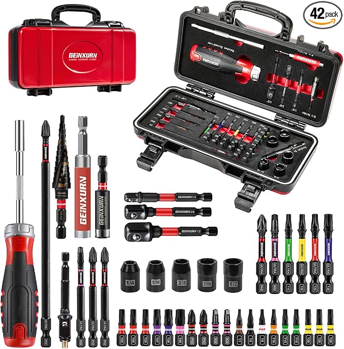 42Pcs Tools Set Packaged with Heavy-duty Tool Box, Include Screwdriver Bits, Bit Holder, Sockets, Socket Adapter, Step Drill, Socket Driver and Ratchets Screwdriver for Home Repairs