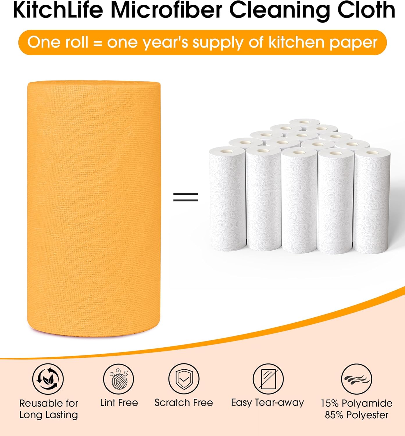KitchLife Microfiber Cleaning Cloth Roll, 100 Pack - Tear-Away Microfiber Paper Towels, Lint-Free, Reusable, Washable for Kitchen, Car, Dishes, and Sensitive Surfaces (Tangerine Yellow)