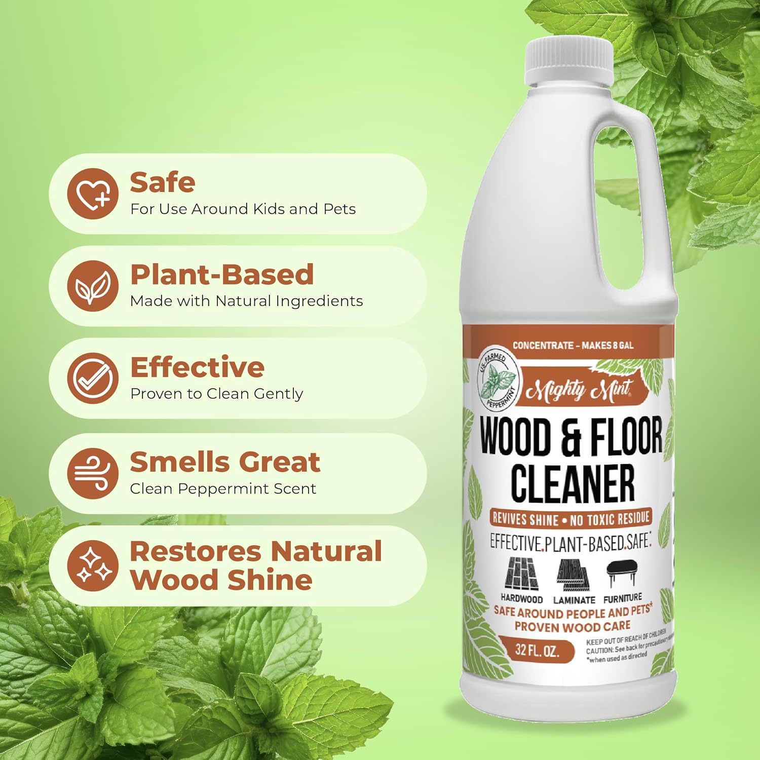 Mighty Mint Wood & Floor Cleaner Concentrate, Cleaning Soap for Hardwood and Floors, Natural Mint Scent, 32oz