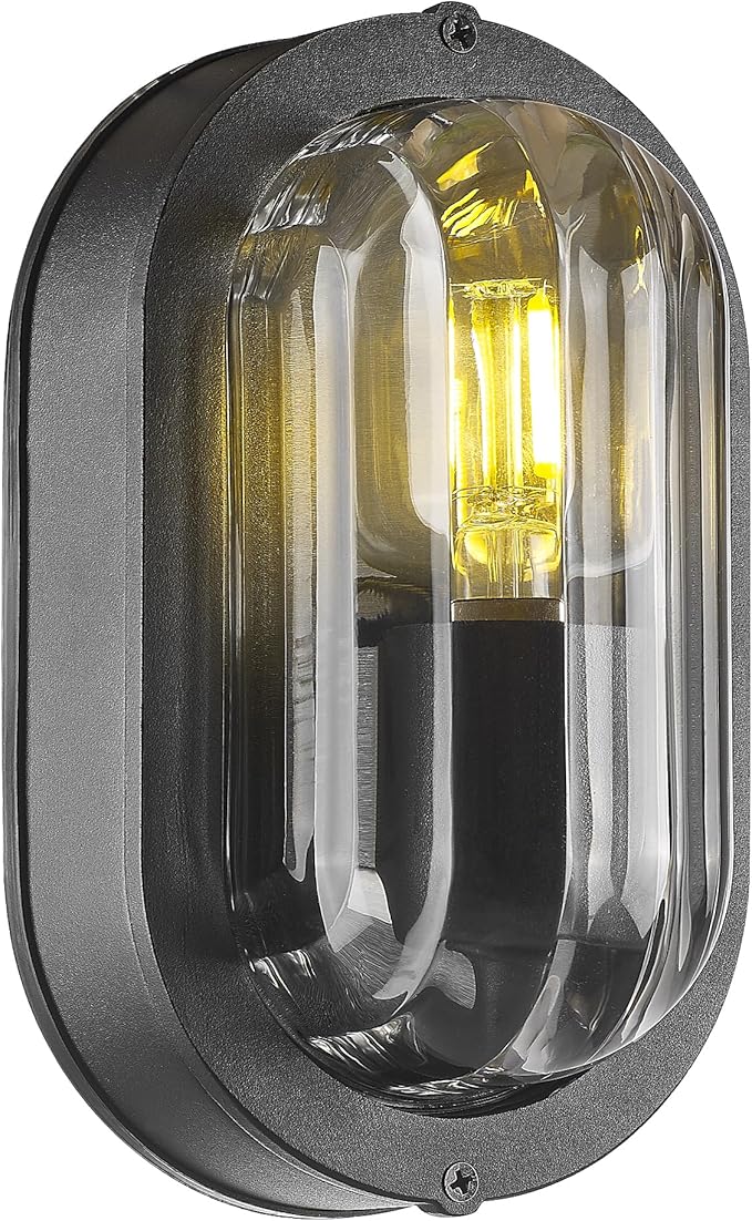 FEMILA 8.5" Oval Bulkhead Light, Outdoor Wall & Ceiling Flush Mount Sconce, Nautical Outdoor Lighting Aluminum with Ripple Glass, Outdoor Wall Sconce for Porch Patio Garage, 4FYX104F BK SW