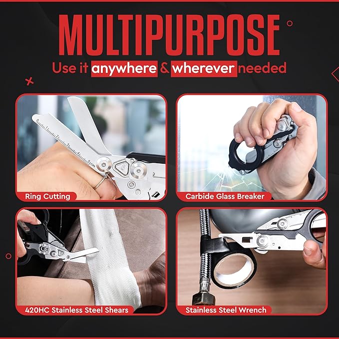 Heavy Duty 6 in 1 Multipurpose Emergency Trauma Shears Scissors with Holster - Outdoor Camping Rescue Tools with Glass Breaker & Strap Cutter Stainless Steel Foldable Scissors Pliers Silver