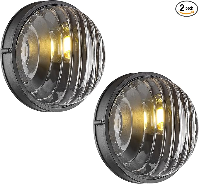 FEMILA 10" Modern Outdoor Wall Lantern, 2 Pack Nautical Outdoor Lighting, Bulkhead Sconce for Front Porch/Entry Light, Aluminum, Ripple Glass, ETL & UL Listed, 4FYX105FL-2 BK SW