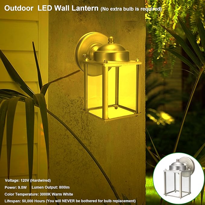 LIT-PaTH Outdoor LED Wall Lantern, Wall Sconce Porch Lighting Fixture, 3000K Warm White, 9.5W 800 Lumen, Aluminum Housing Plus Glass, Nickel Finish-2 Pack