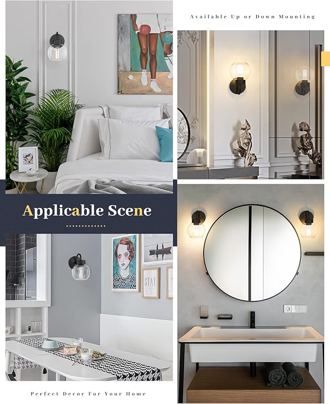 EAPUDUN 1-Light Matte Black Bathroom Light Fixtures Over Mirror, Vanity Lights with 1 Globe Clear Glass Shades, Industrial Style Wall Sconces, WLA1433-MBK