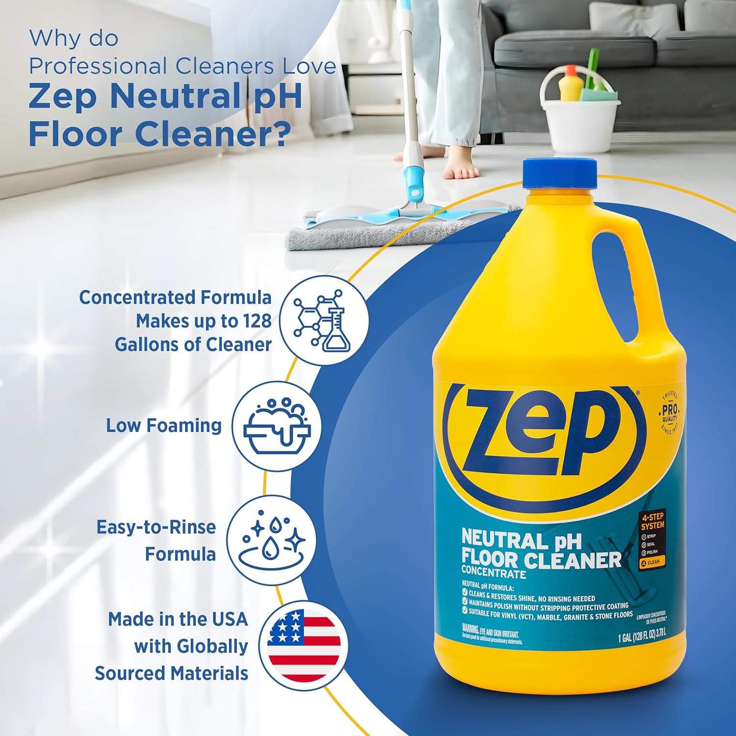 Zep Neutral PH Industrial Floor Cleaner - 1 Gallon - ZUNEUT128 - Concentrated Pro Trusted All-Purpose Floor Cleaner