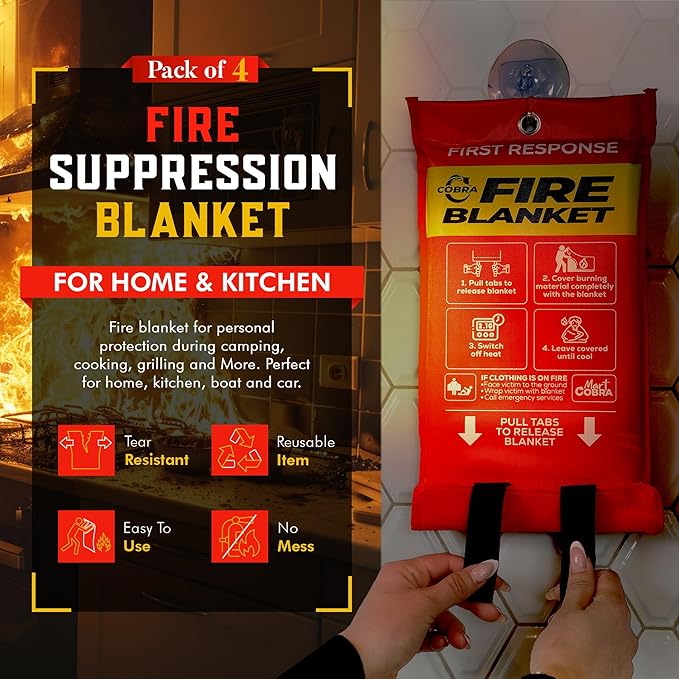 Mart Cobra Emergency Fire Blanket for Home and Kitchen - 4 Pack - Fire Blankets Emergency for Home Safety 40” x 40” - Suppression Shield Retardant Extinguisher Fiberglass Welding Fireproof Cloth Towel