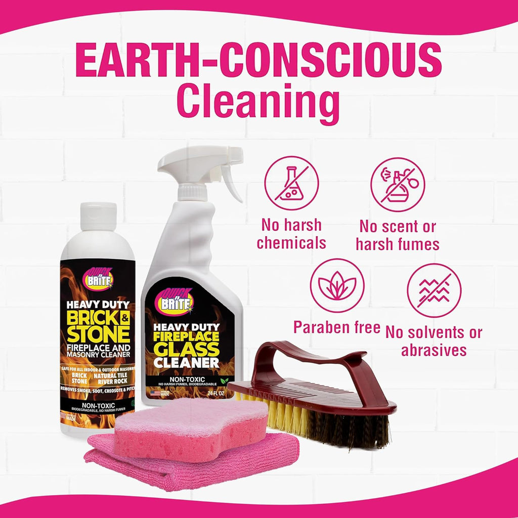 Quick ‘n Brite Fireplace Cleaning Kit – Includes 24oz Fireplace Glass Cleaner, 16 oz Gel Fireplace Cleaner, Scrub Brush, Sponge and Microfiber Towel