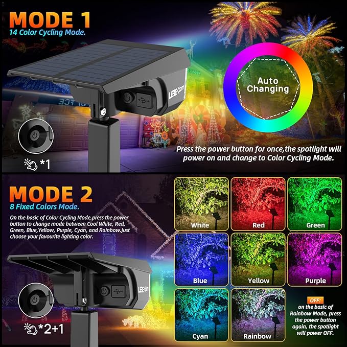 Color Solar Light Outdoor Waterproof Spotlights with 9 Light Modes, Color Changing Solar Outdoor Light for Halloween Decorations, Colored Spot Lights Auto On,Off, RGBW