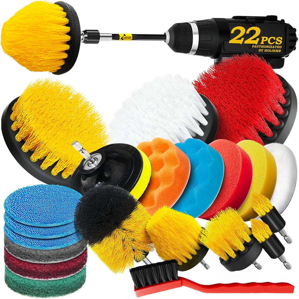 Holikme 22Pack Drill Brush Attachments Set,Scrub Pads & Sponge, Buffing Pads,Power Scrubber Brush,Car Polishing Pad Kit,Wax Applicator Pad,Car Cleaning Kit,Masonry Brushes,Cleaning Supplies