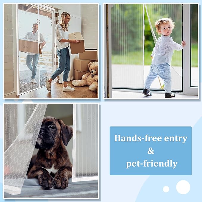 Magnetic Screen Door - Self Sealing, Heavy Duty, Hands Free Mesh Partition Keeps Bugs Out Let Breeze in- Pet and Kid Friendly - Keep Open Feature (White, Fit Door Size 32 x 78 Inch)