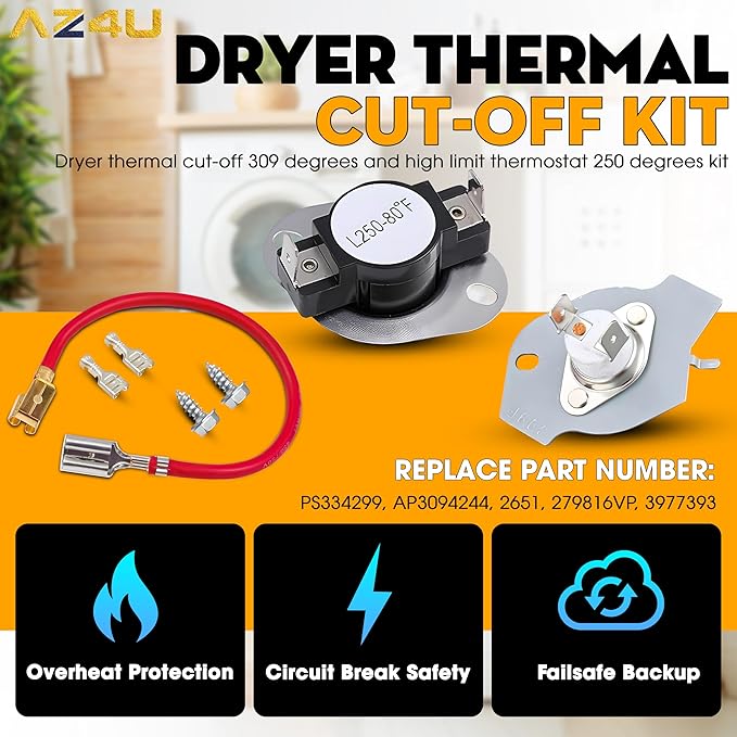 For Whirlpool LER5620KQ1 LER4634JQ1 LER4634PQ0 LER7646EQ2 LER3624EQ1 LER4634EQ2 LER8858EQ1 WED5300VW0 WED4800XQ3 WED5100VQ0 LER4634EQ0 LER4634JT0 LER3624EQ0 Replaces Thermostat And Thermal Fuse