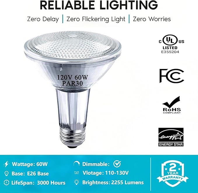 PAR30 Long Neck Halogen Bulbs, 120V 60W PAR30 Flood Light Bulb, Dimmable, E26 Medium Base, 2700K Warm Lighting, 3000 Hours for Recessed Light Bulb, 6 Pack