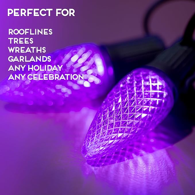 HLO Lighting Set of 500 Purple C9 Faceted LED Christmas Light Bulbs for Indoor & Outdoor Use | Durable Replacement Bulbs