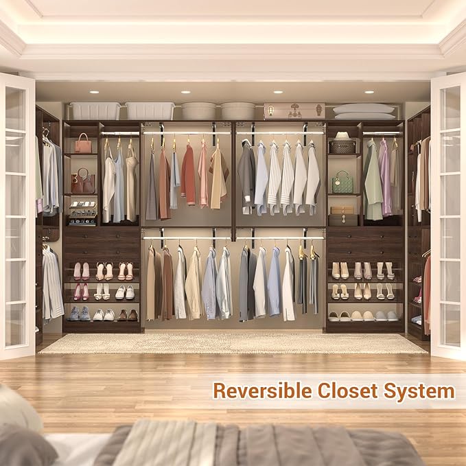 Closet System - 5FT Small Closet System with Drawers, 60" Closet Organizer System with Reversible Hanging Shelving, Closet Systems for Small/Walk-in Closets, Black Walnut