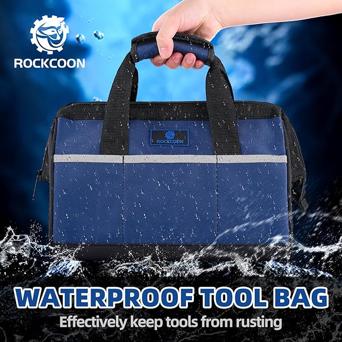 Tool Bag 13'', Wide Mouth Tool Organizer for Tool Storage, Heavy Duty and Water Proof, Blue & Black