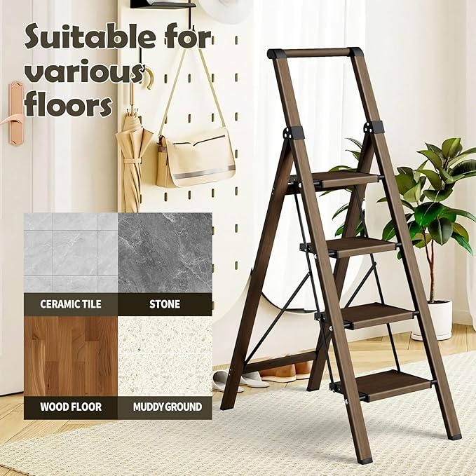 Taranta 4 Step Ladder, Portable Folding Ladder with Wide Pedal, Lightweight Aluminum Step Stool with Convenient Handgrip, 330 lbs Capacity Stepladder for Home, Office - Walnut