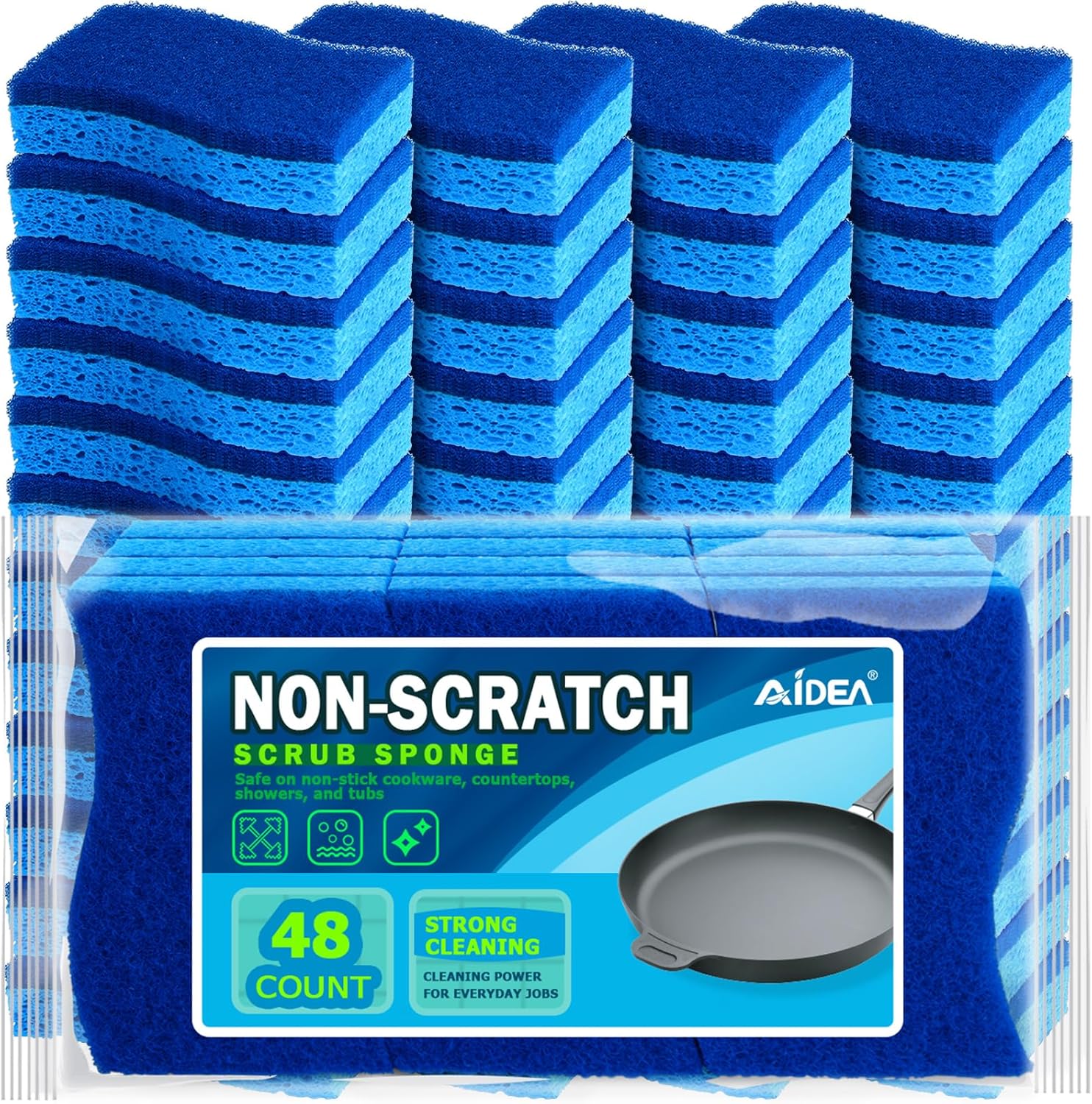 AIDEA Non-Scratch Scrub Sponge, 48Count, Sponges for Dishes, Sponges Kitchen, Cleaning Sponge, Cleans Fast Without Scratching, Stands Up to Stuck-on Grime, Cleaning Power for Everyday Jobs
