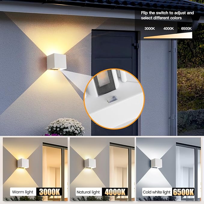 4 Pack LED Outdoor Wall Lights Exterior/Interior 3 Colors Adjustable 15W Wall Light Fixture IP65 Waterproof Porch Exterior Wall Sconce Modern Outdoor Lighting Square Aluminum White Up and Down Lights