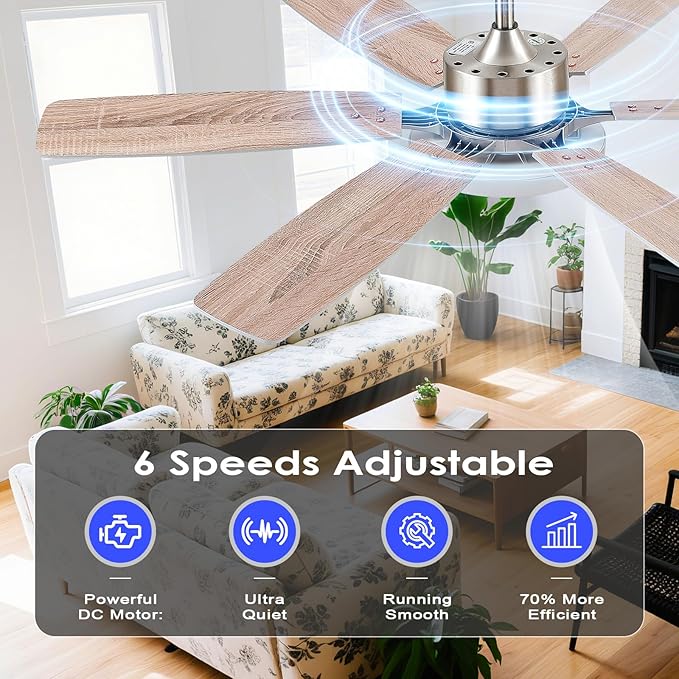 52 inch Modern Ceiling Fans with Lights Remote/APP Control,Modern Flush Mount Ceiling Fan,DC Reversible Motor, 3CCT,Surper Bright Dimmable LED Ceiling Light with Fans for Bedroom, Livingroom Nickel