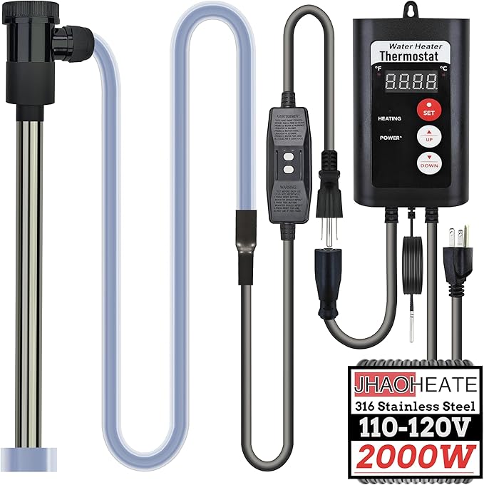 2000W Bathtub 316SS Immersion Water Heater with Temp Control & GFCI – Submersible Electric Heater for Above-Ground Pool, Bucket, Baptistry, Spa, Hot Tub, Baptismal Pool and Inflatable Pool