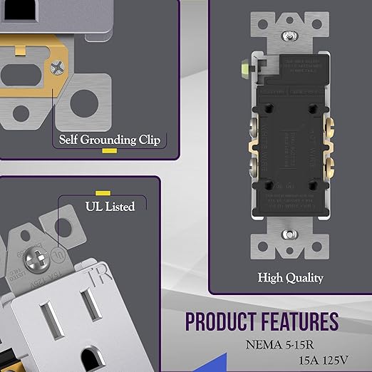 ENERLITES Elite Series Decorator Receptacle Outlet Child Safe Tamper-Resistant, Gloss Finish, Self-Grounding, 2-Pole, Residential Grade, 15A 125V, UL Listed, 61501-TR-SV-10PCS, Silver (10 Pack)