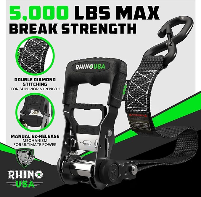 Rhino USA Ratchet Straps Heavy Duty Kit (2-Pack) - 1.6 Inch x 8 Feet (5,208lb Break Strength) - Ultimate Tie Down Straps with Safety S Hooks for Trucks, ATV, UTV, Motorcycle, Cargo & More - Black