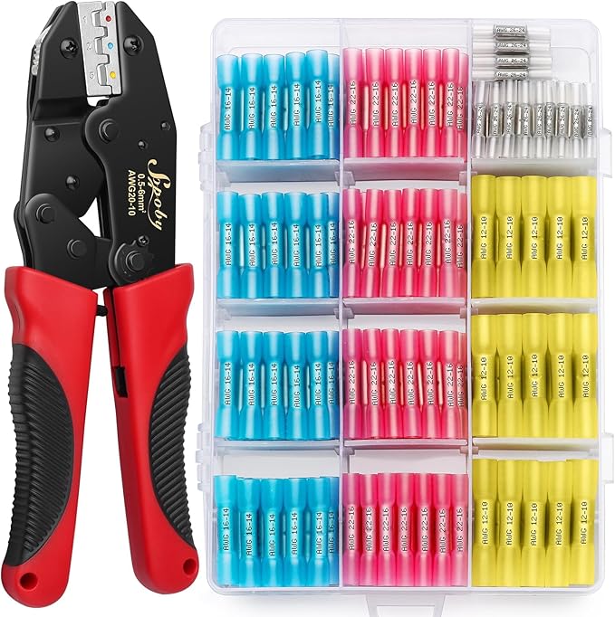 Sopoby Crimping Tool For Heat Shrink Connectors with 210PCS Marine Grade Heat Shrink Butt Connectors of Tinned Red Copper - Electrical Crimping Tool - 20-10 AWG