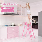 GameGem Pink 4 Step Ladder, Sturdy Foldable Ladder, Integrated 7.9Inch Wide Pedal and Anti-Slip Feet for Steady Support, Suitable for Kitchen, Closet, Indoor and Outdoor Use, 330Lbs Load