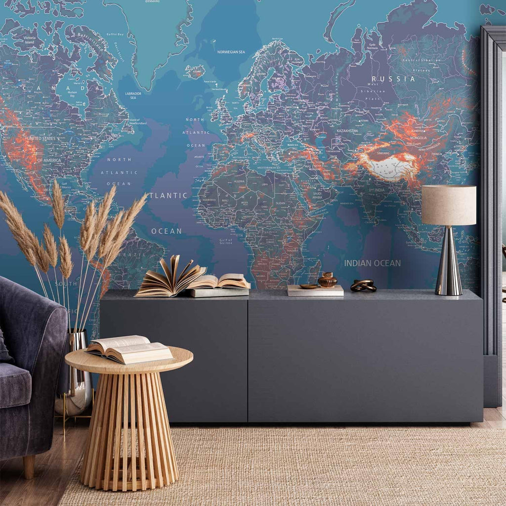 artgeist Premium Wall Mural World Map 157x110 in - XXL Non-Woven Wallpaper Fleece Wall Decor Photo Print Picture Image Design Home Map of The World k-A-0061-a-d