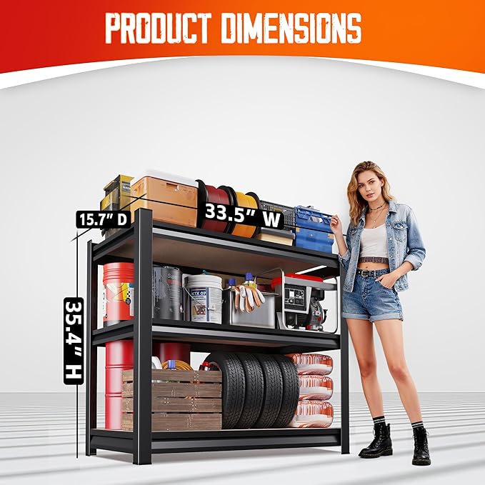Garage Shelving,3 Tier Garage Storage Shelves,Adjustable Heavy Duty Metal Shelving Units and Storage Large Rack,Utility Steel Shelf For Shop Warehouse Industrial Pantry Basement Organizers 33"x35"x16"