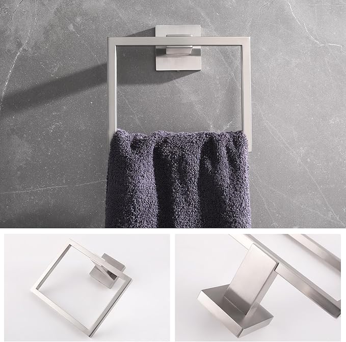 LANC Hand Towel Rings for Bathroom Wall Mount Brushed Finished Square Hand Towel Holder for Kitchen Towel Holder Lavatory SUS304 Stainless Steel Contemporary Style Shower Towel Racks Hanger, A8896BN