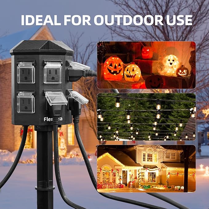 Outdoor Power Strip Waterproof, 20 FT Extension Cord, 6 Grounded Outlets for Halloween/Christmas Decorations and Inflatables, 15A/1875W, ETL Listed