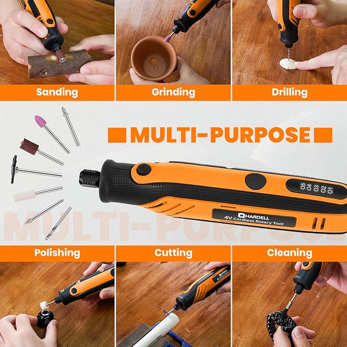 HARDELL Rotary Tool, 4V Mini Cordless Rotary tool Kit con 5 Speed Display, Rechargeable Rotary tool Set with 69 Accessories for Sanding, Grinding, Engraving, Polishing, Drilling, Cutting, DIY Crafting