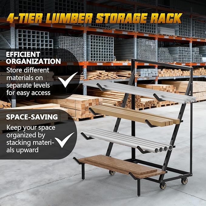 4 Tier Pipe And Lumber Storage Rack - Heavy Duty Pipe Rack With 4IN Swivel Casters And Adjustable Support Bar Weight Capacity Up To 1200LBS, Plywood Storage Shelf For Garage, Workshop And Warehouse