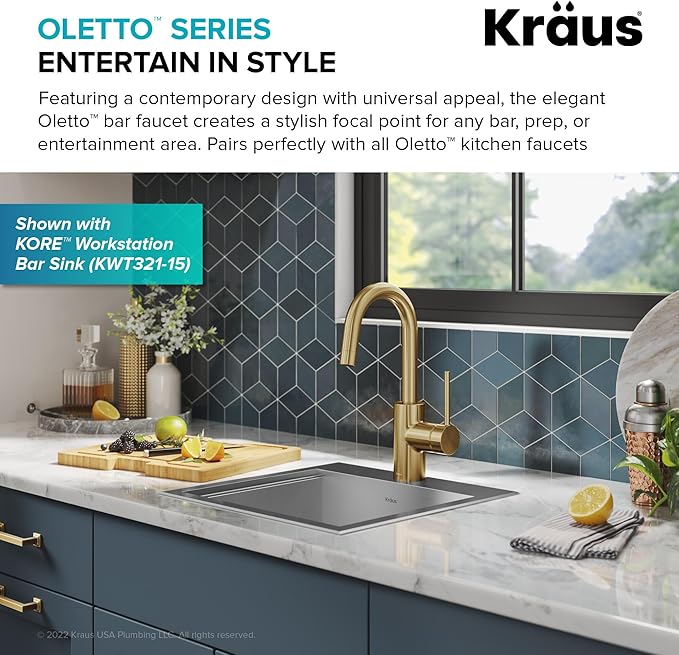 KRAUS Oletto Single Handle Kitchen Bar Faucet with QuickDock Top Mount Assembly in Brushed Brass, KPF-2600BB