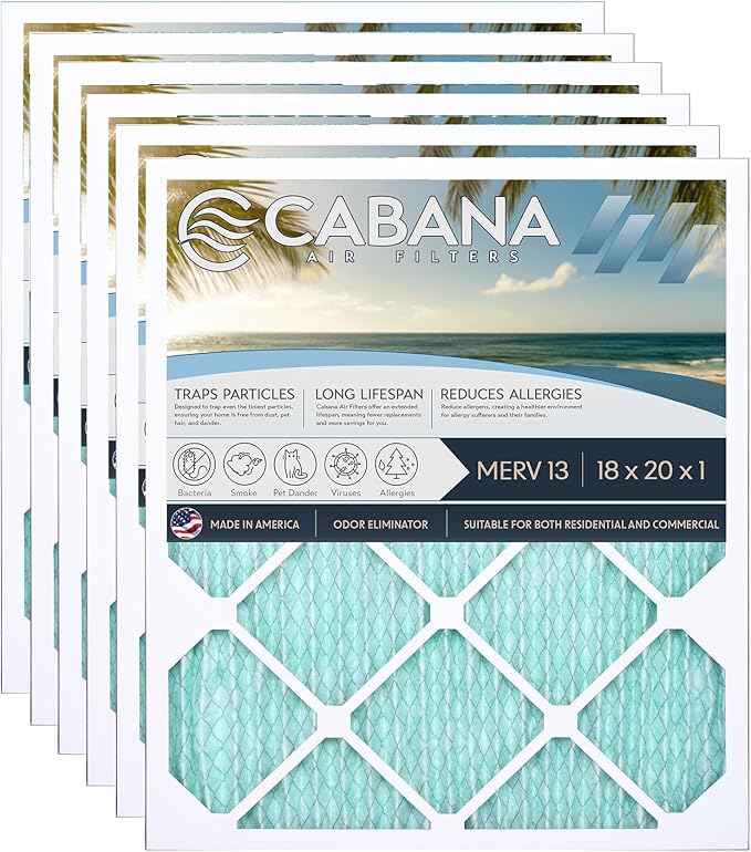 Cabana Filters 6-Pack 18x20x1 MERV 13 AC Furnace Air Filter for Home and Office - Indoor HVAC System Filtration Replacement, Captures Unwanted Particles