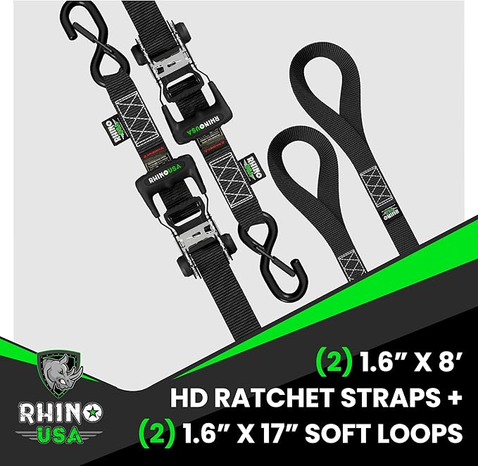 Rhino USA Ratchet Straps Heavy Duty Kit (2-Pack) - 1.6 Inch x 8 Feet (5,208lb Break Strength) - Ultimate Tie Down Straps with Safety S Hooks for Trucks, ATV, UTV, Motorcycle, Cargo & More - Black