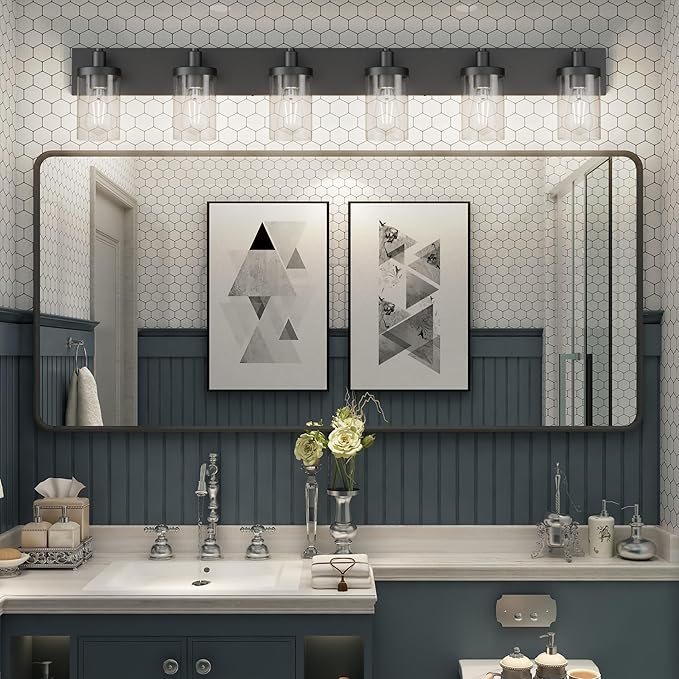 Aipsun 48in Vanity Light Black Bathroom Vanity Lighting Fixtures 6 Light Bathroom Light Fixtures with Clear Glass Shade(Exclude Bulb)