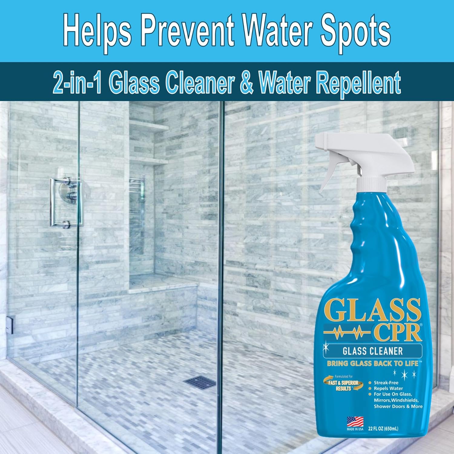Glass CPR 2-in-1 Glass Cleaner & Water Repellent (22oz) | Deep Cleaning for Glass, Mirrors, Windows, Windshields, Shower Doors (2 Pack)