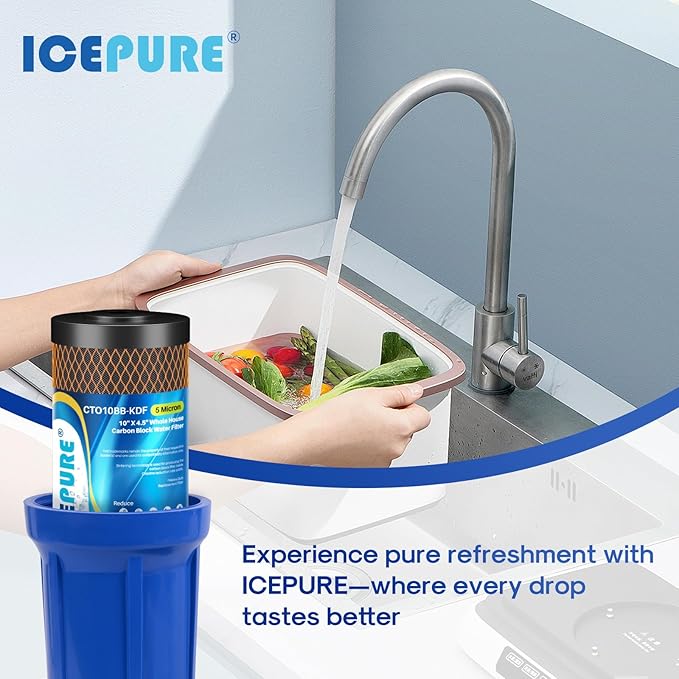 ICEPURE 5 Micron 4.5" x 10" CTO10BB-KDF Whole House Water Filter Coconut Shell Activated Carbon and KDF Heavy Metal Removal Water Filter Replacement for Home, 3PACK