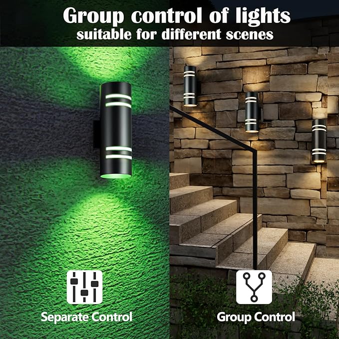 wowlite Outdoor Wall Lights for House, Remote Control Smart RGBCW Up and Down Lights Outdoor Sconce RGB Color Changing, Black Cylinder Aluminum Exterior Lighting Fixtures for Porch Garage, ETL Listed