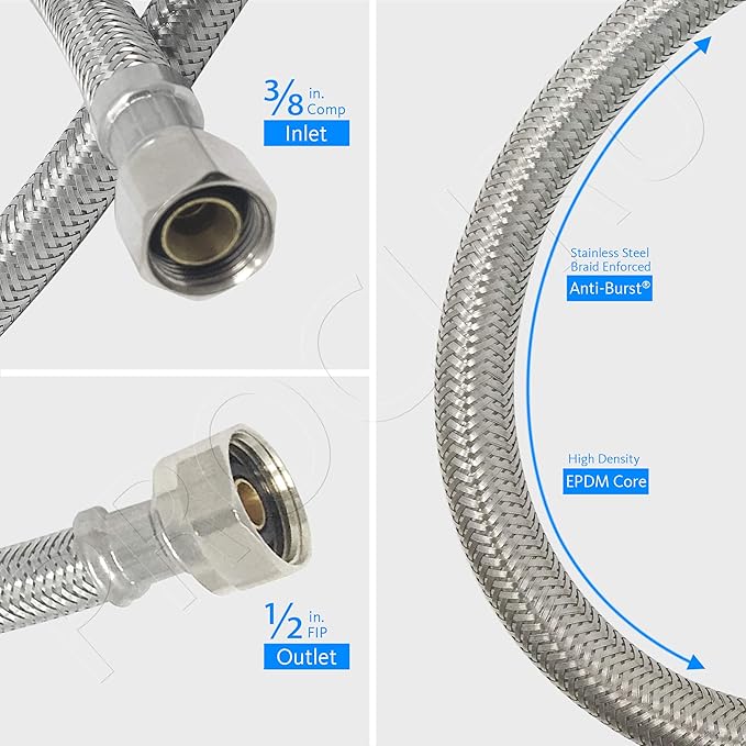 [4-Pack] PROCURU 72" (6Ft) Faucet Supply Line Connector, 3/8"C x 1/2"F Braided Stainless Steel (9SF72-4P)