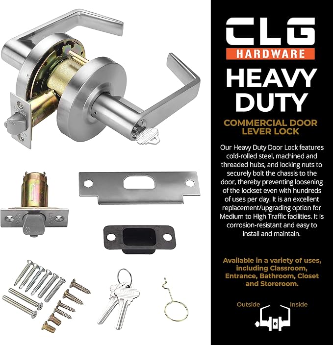 CLG HARDWARE Commercial Lever Door Lock - Heavy-Duty Locking Door Handle, Designer Door Handles, Cylindrical Lever Lock, Non-Handed Grade 2 Industrial Door Handle, 26D Satin Chrome, Entrance Keylock