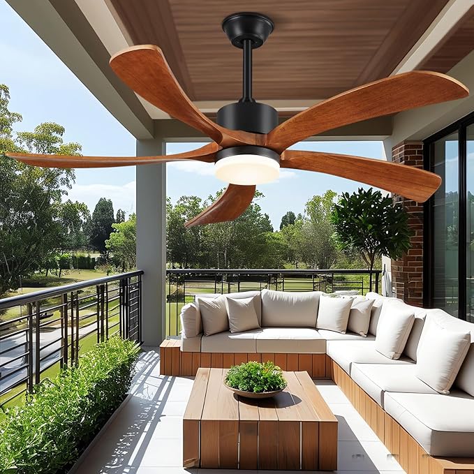 60 Inch Ceiling Fans with Lights Remote Control, Modern Ceiling Fan 5 Blades Wood Fan for Outdoor, 3 Downrods, ETL Listed, Timer, 6 Speeds Reversible Quiet Dc Motor for Patios, 60in Yellow Walnut