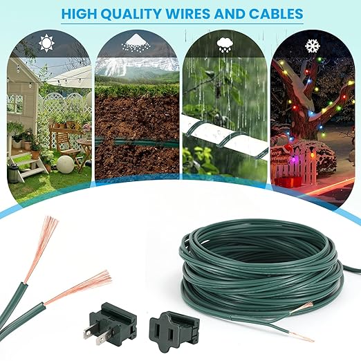 SPT-2 Wire 18 Gauge 100 Ft And 6 Vampire plugs,Is a Flexible Two Core Parallel Connection Cable for light Strings And low Voltage Equipment Suitable for Indoor And Outdoor Can Be Directly Buried Green